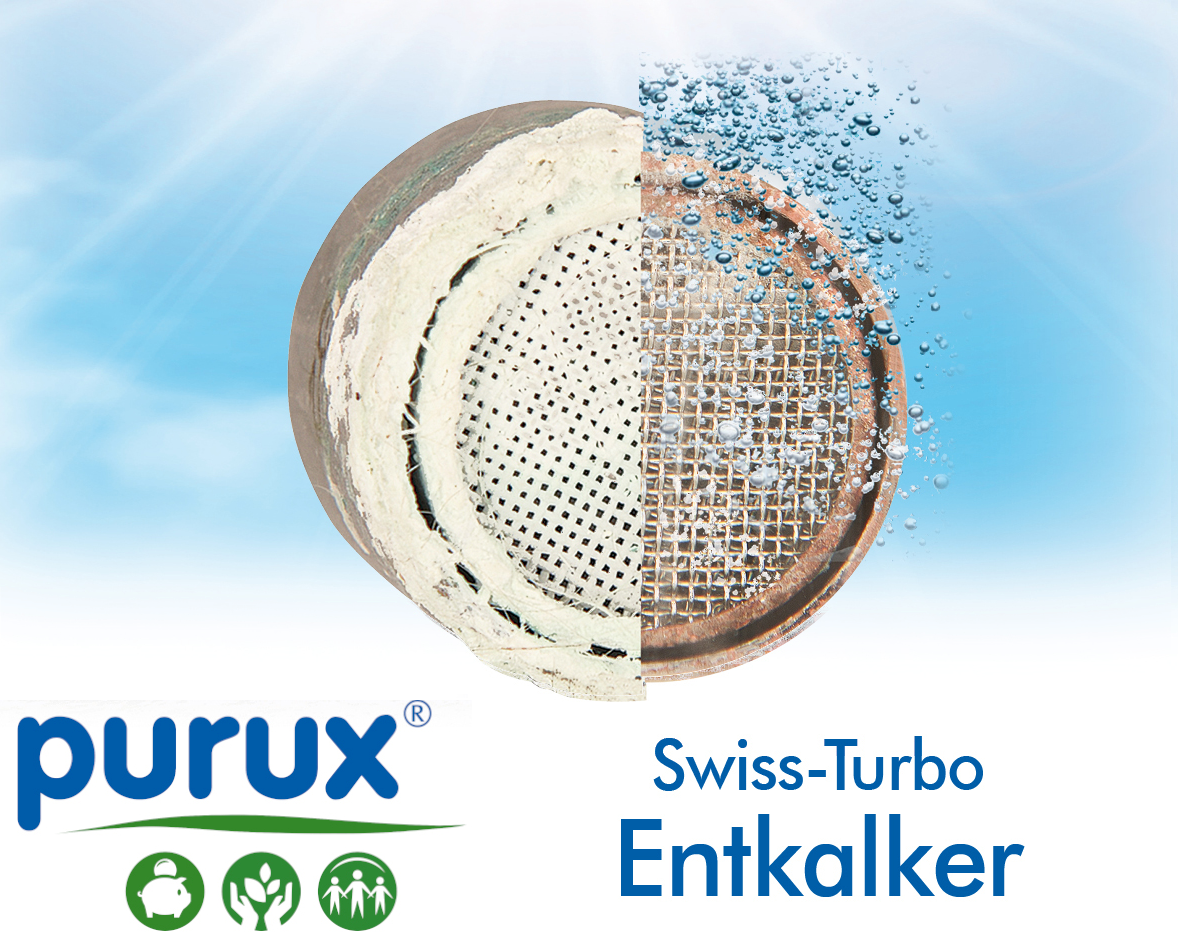 Ein Rohr zur hälfte voll mit kalk zur anderen hälfte vollkommen sauber. Unterschrift Purux Swiss-Turbo Entkalker