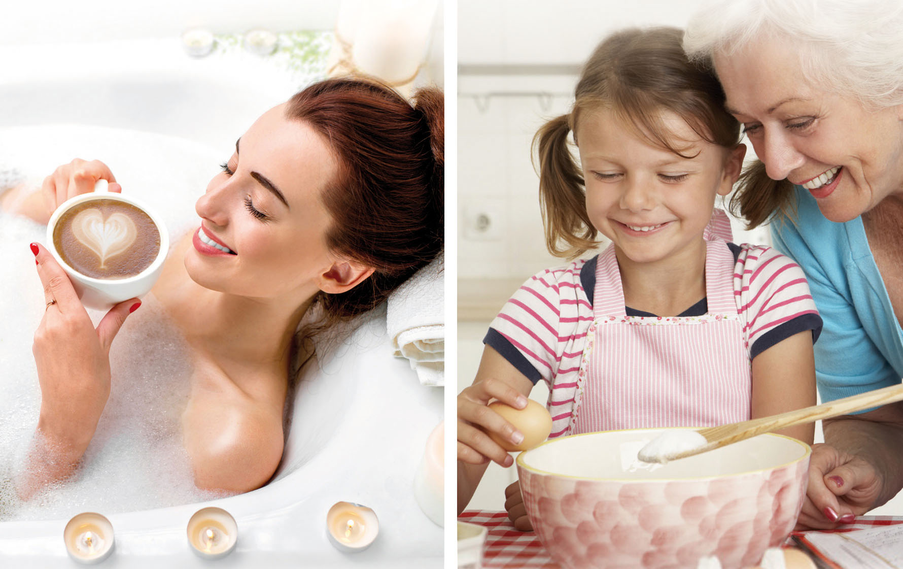 Bild ist in zwei Hälften geteilt. Auf der linken Seite eine Frau die Eine Tasse Kaffee in der Badewanne trinkt. Auf der rechten Seite eine Oma die mit ihrer Enkelin backt. Unterschrift Purux Natron